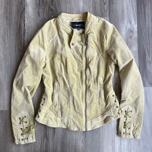 Y2K BNCI Yellow Moto Jacket Women M Yellow Velour Boho Hippie Biker Vintage